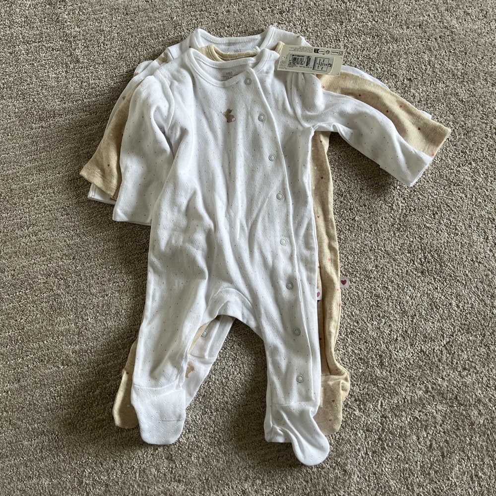 NWT MARKS & SPENCERS Set of 3 Footed Sleepers Onesies Baby 3-6mo